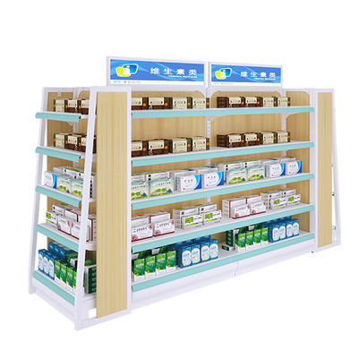 Drugstore L2000mm H1200mm Metal Ve Ahşap Raf Ünitesi Çift Taraflı