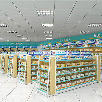 Drugstore L2000mm H1200mm Metal Ve Ahşap Raf Ünitesi Çift Taraflı